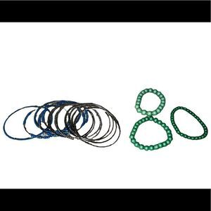 Mixed Lot of 16 Bracelets Bangles Beaded Green Blue Silver EUC